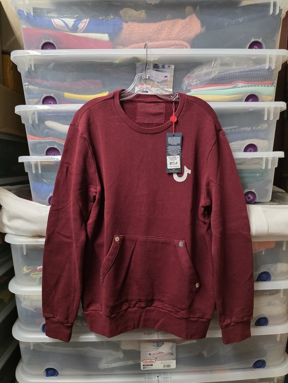 True Religion Men's Burgundy Crew Neck Pullover Sweatshirt Graphic Back Size S